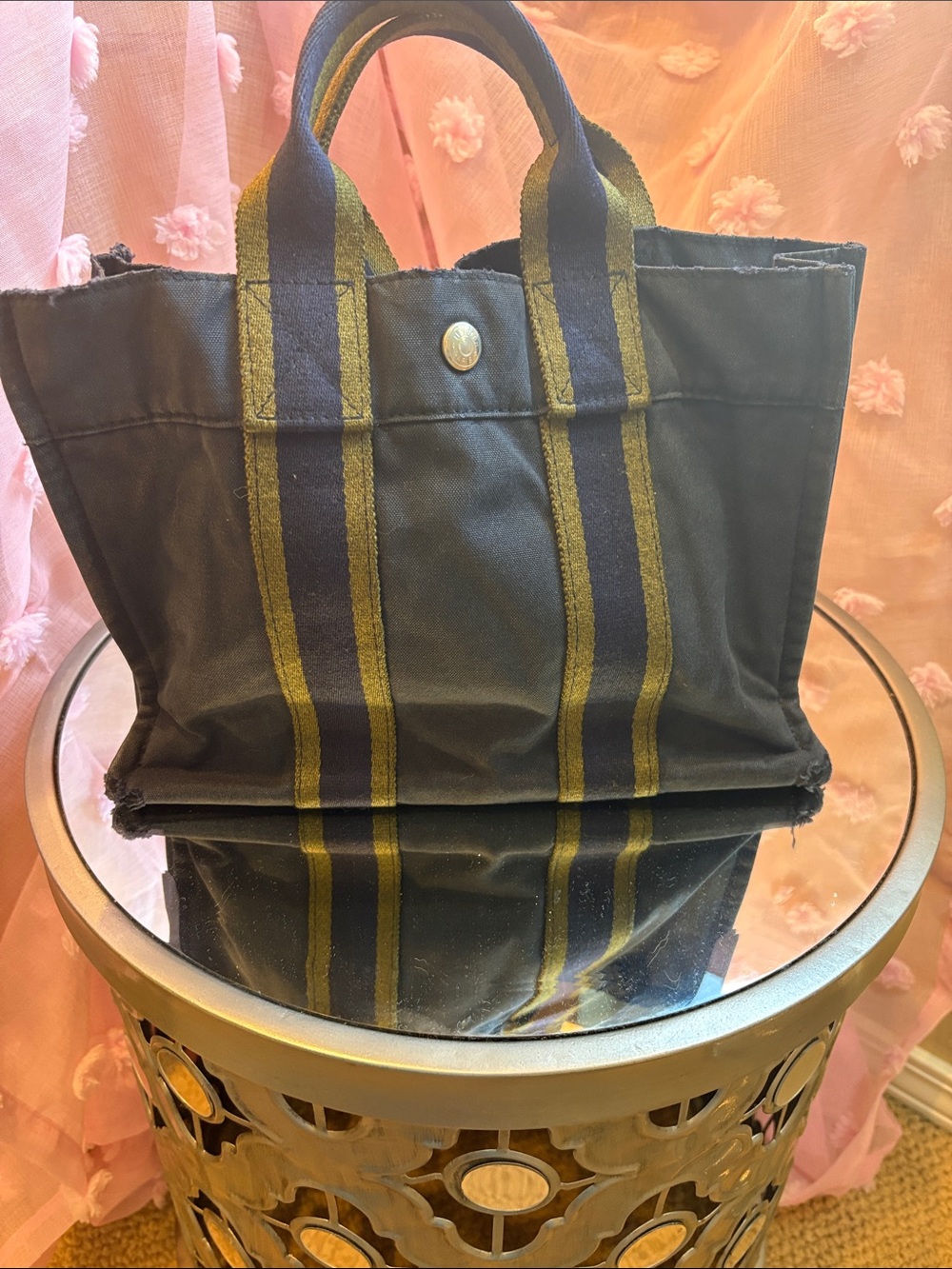 Authentic Vintage Hermès Fourre-Tout Canvas Tote Bag - Navy Blue & Khaki Green